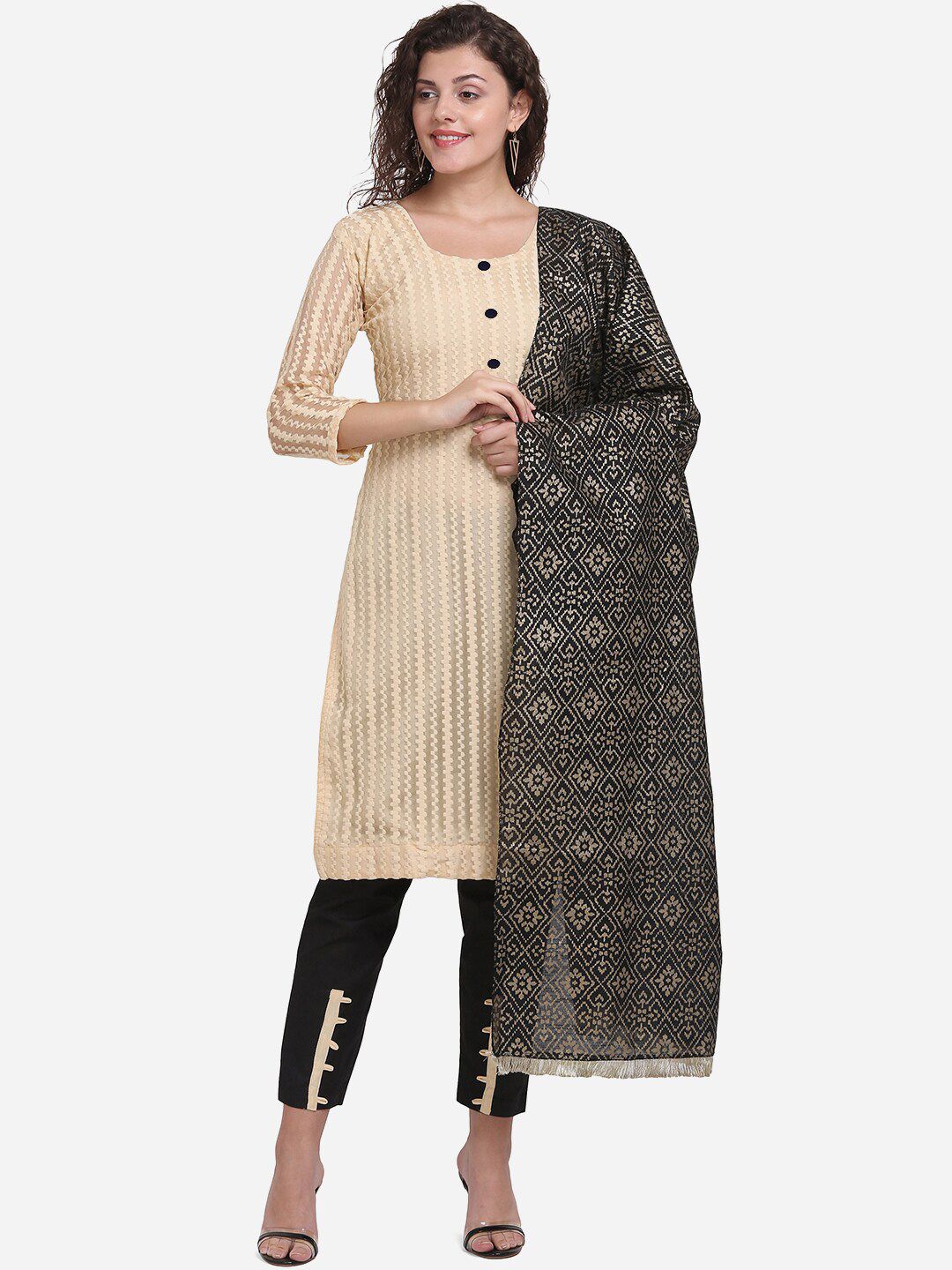 mf Women Cream-Coloured & Black Unstitched Dress Material Price in India