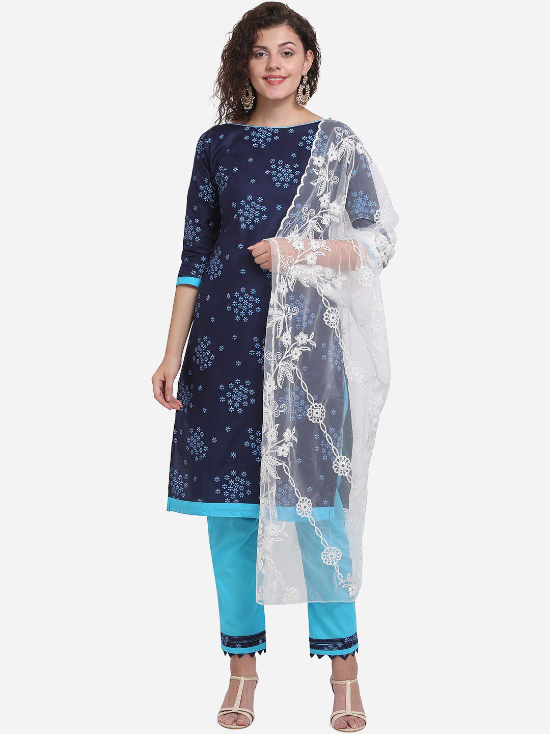 mf Women Navy Blue & White Printed Pure Cotton Unstitched Dress Material Price in India