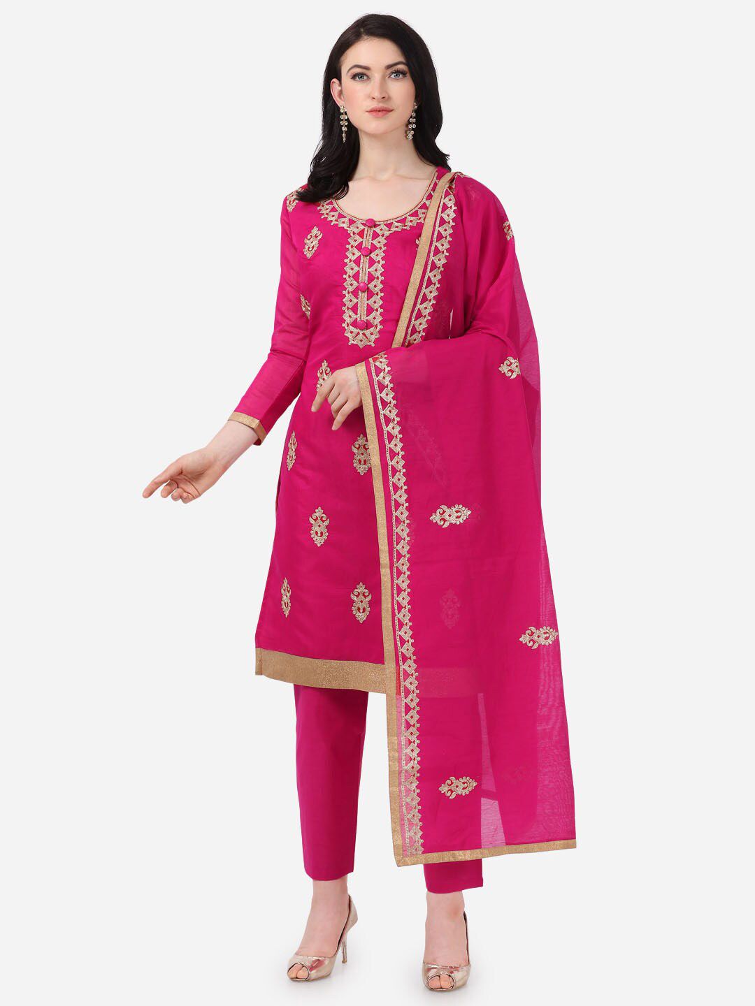 mf Pink & Gold-Toned Embroidered Unstitched Dress Material Price in India