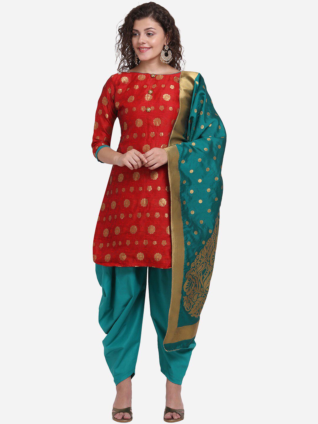 mf Women Red & Blue Art Silk Unstitched Dress Material Price in India