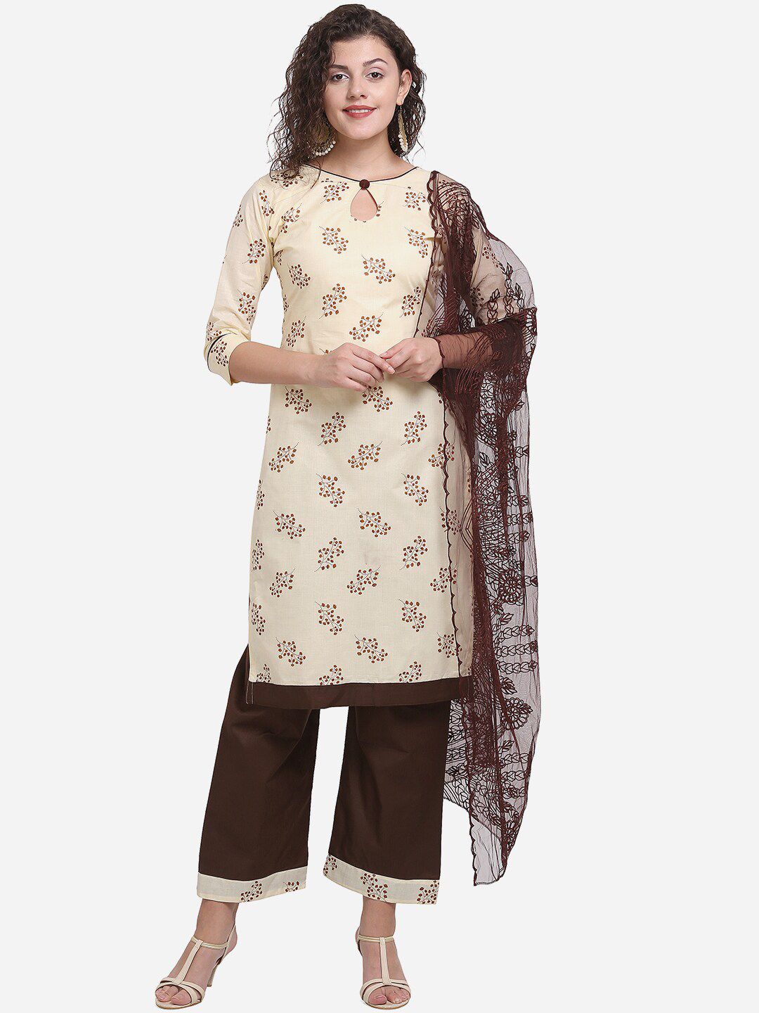 mf Women Cream-Coloured & Brown Printed Pure Cotton Unstitched Dress Material Price in India