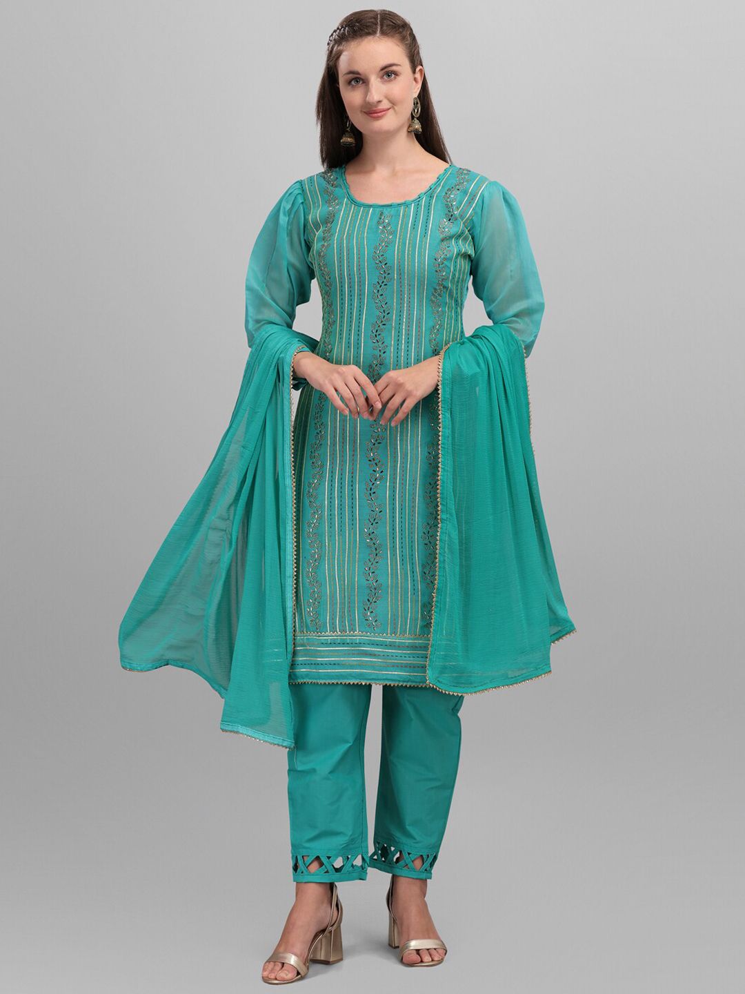 mf Turquoise Blue & Gold-Toned Embellished Unstitched Dress Material Price in India