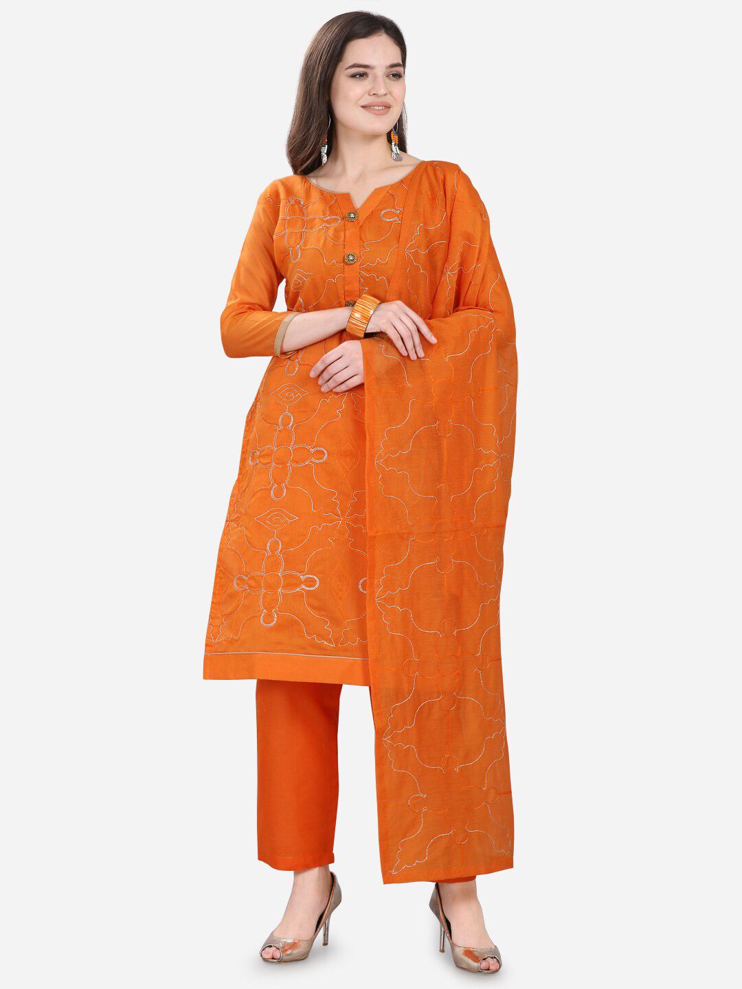 mf Women Orange Embroidered Unstitched Dress Material Price in India