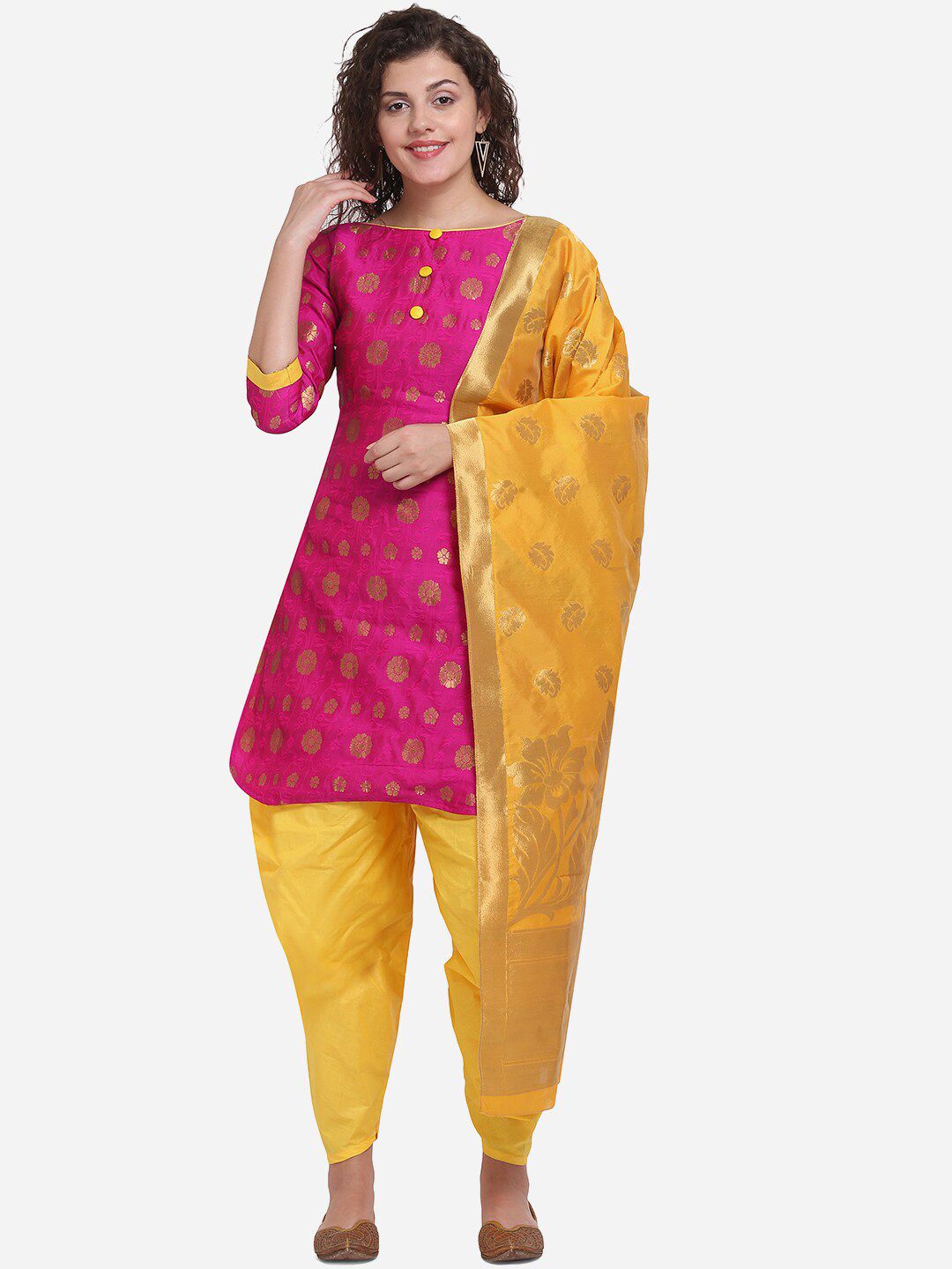 mf Pink & Yellow Jacquard Art Silk Unstitched Dress Material Price in India