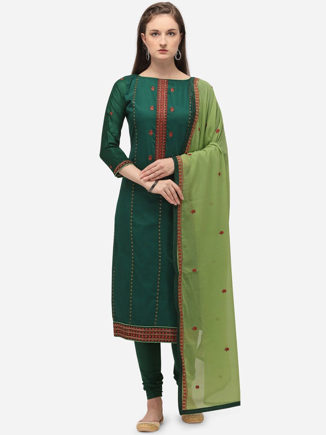 mf Green & Red Embroidered Unstitched Dress Material Price in India