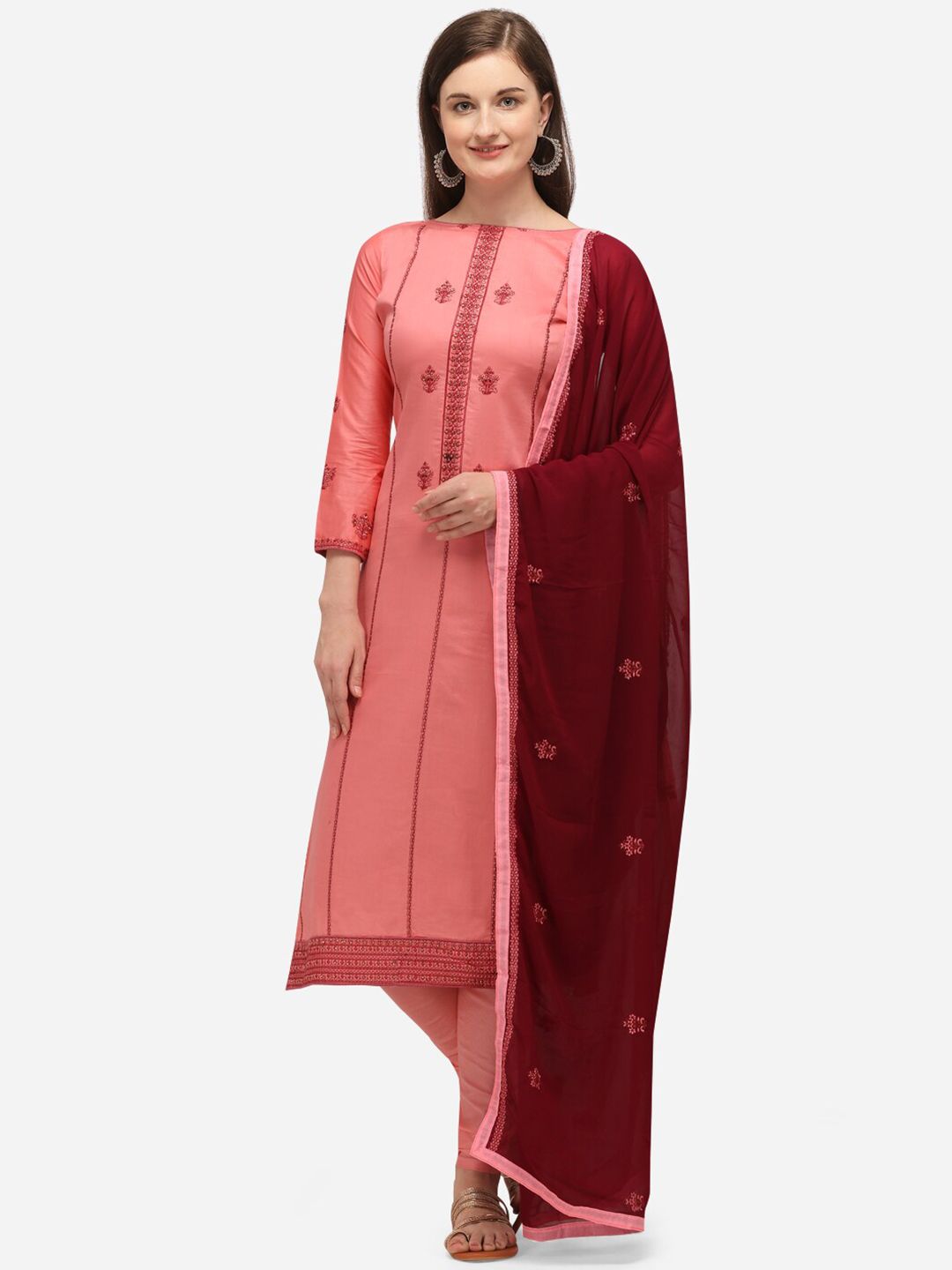 mf Women Pink & Maroon Embroidered Unstitched Dress Material Price in India