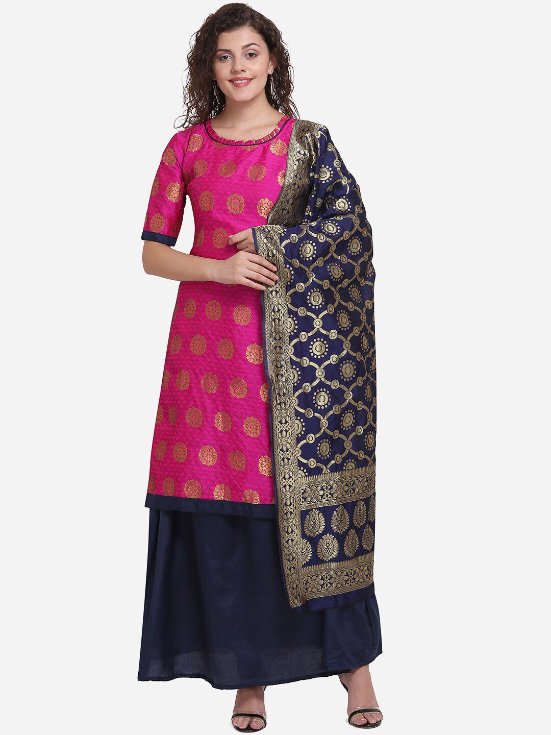 mf Women Pink & Navy Blue Art Silk Unstitched Dress Material Price in India