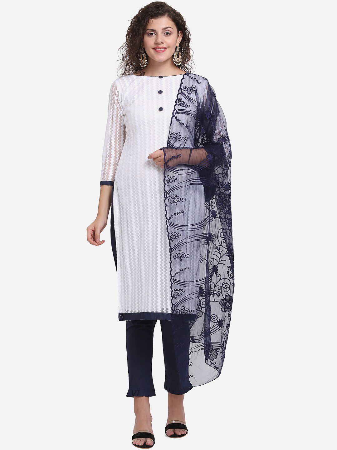 mf White & Navy Blue Unstitched Dress Material Price in India