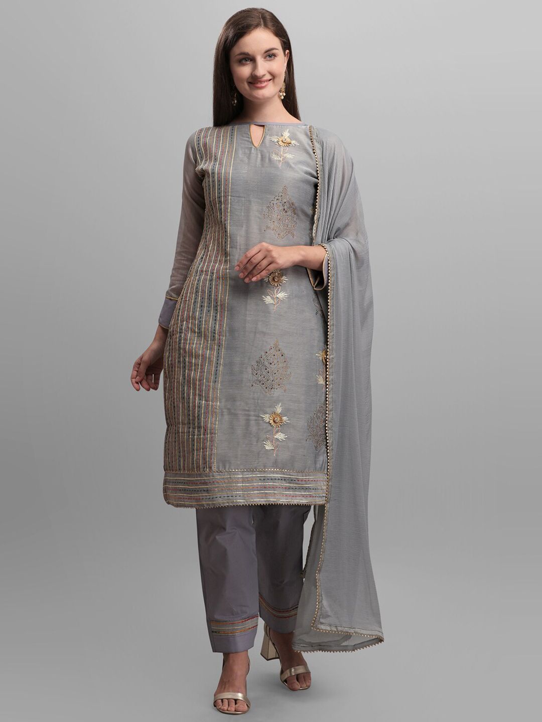 mf Grey & Gold-Toned Embellished Mukaish Unstitched Dress Material Price in India