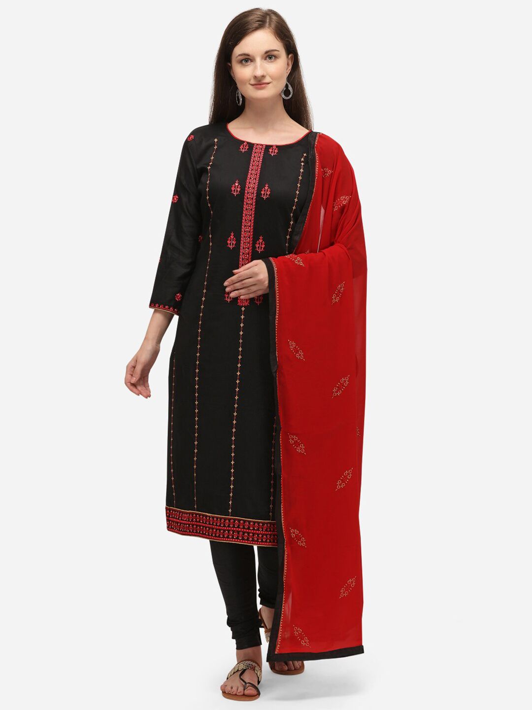 mf Black & Red Embroidered Unstitched Dress Material Price in India