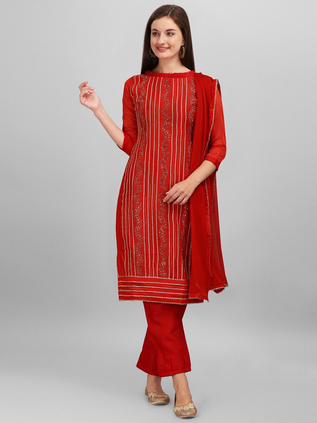 mf Women Red & White Embellished Unstitched Dress Material Price in India