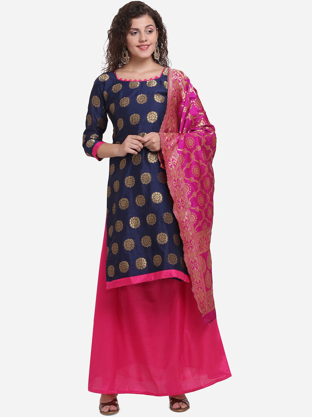 mf Navy Blue & Pink Art Silk Unstitched Dress Material Price in India