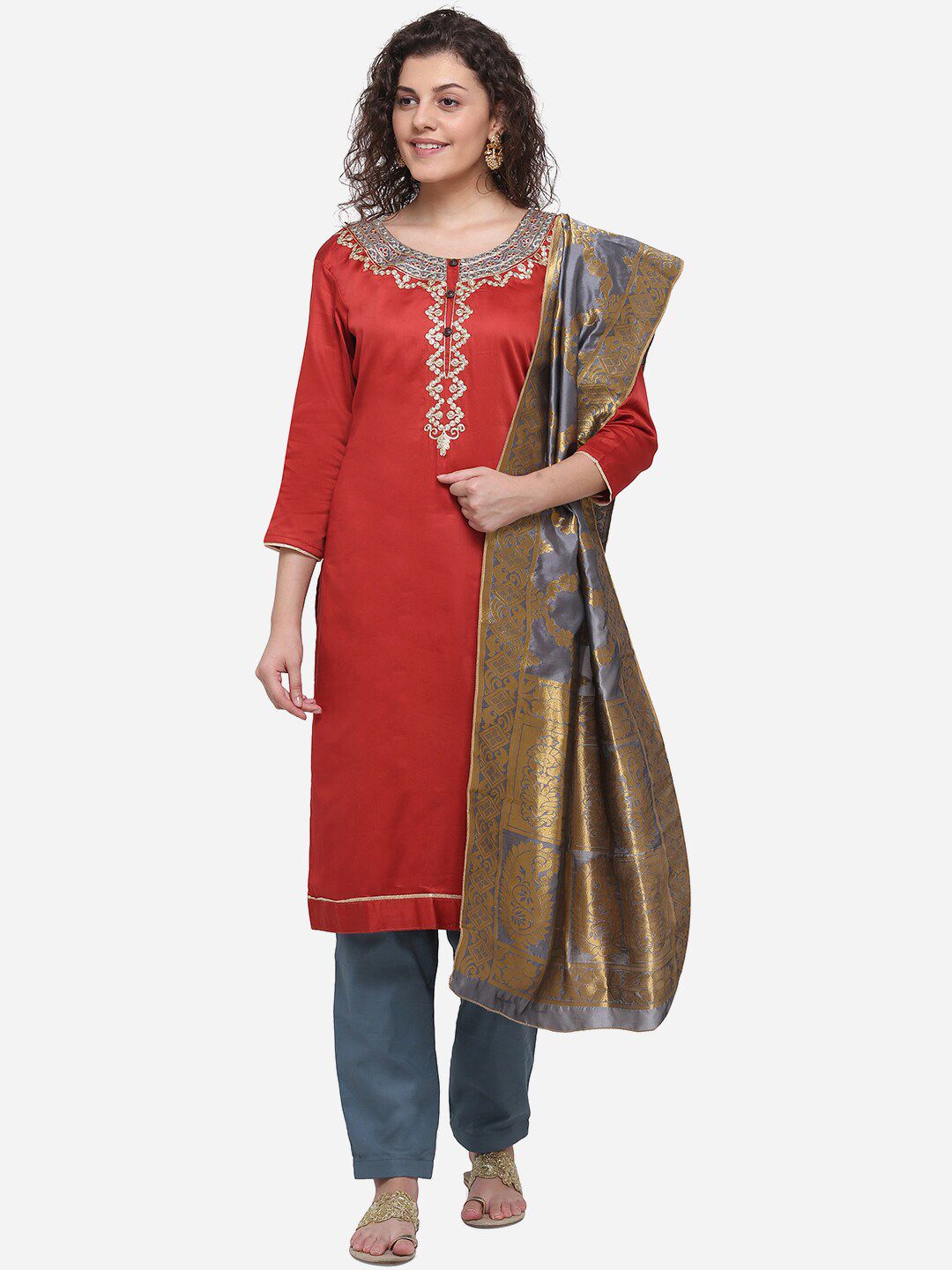 mf Women Brown & Grey Embroidered Unstitched Dress Material Price in India