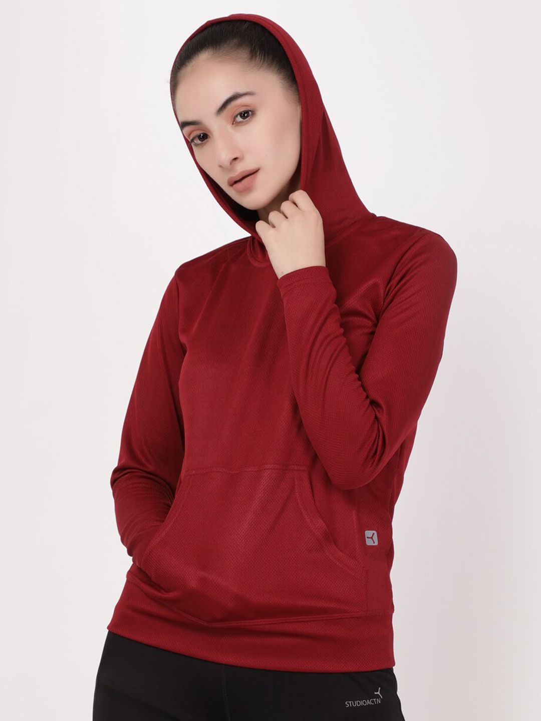 STUDIOACTIV Women Burgundy Hooded Sweatshirt Price in India