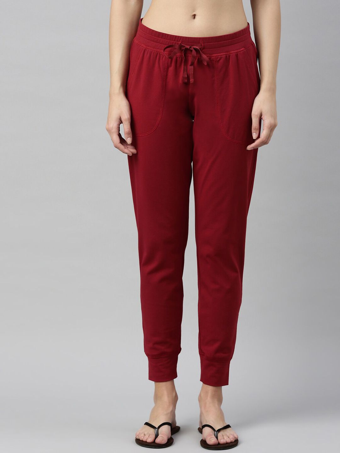 Enamor Women Maroon Solid Mid-Rise Relaxed Fit Cotton Lounge Pants Price in India
