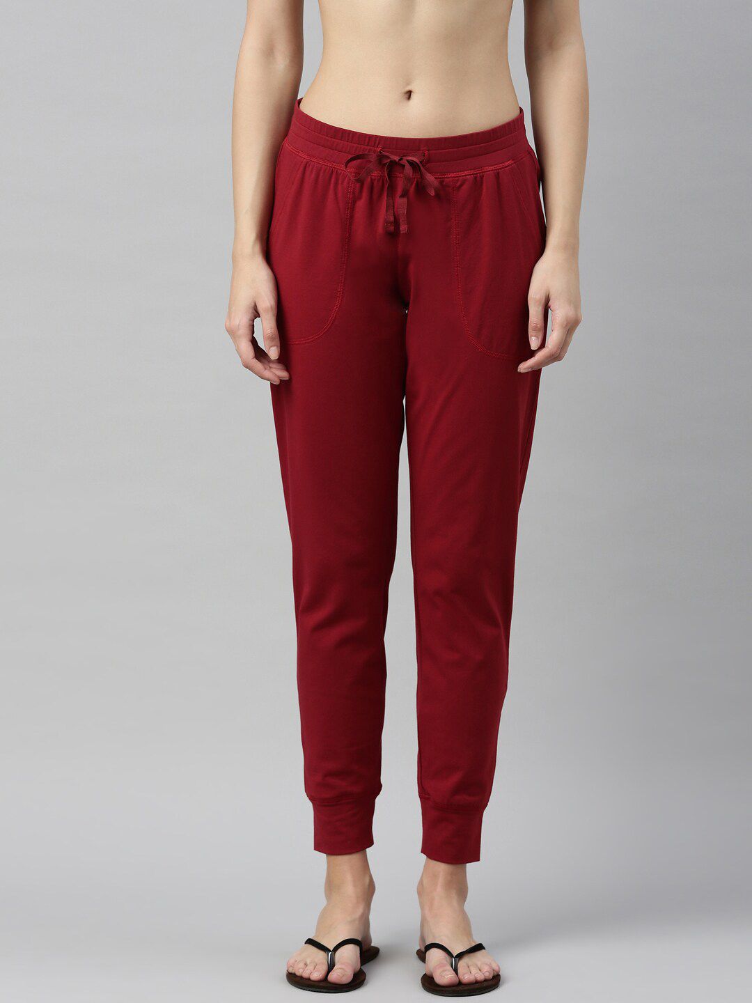 Enamor Women Maroon Solid Mid Rise Relaxed Fit Cotton Lounge Joggers Price in India