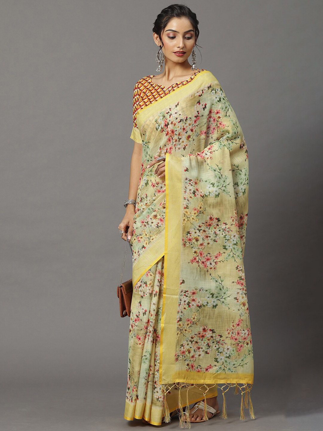 Mitera Yellow & Red Floral Linen Blend Banarasi Saree Price in India