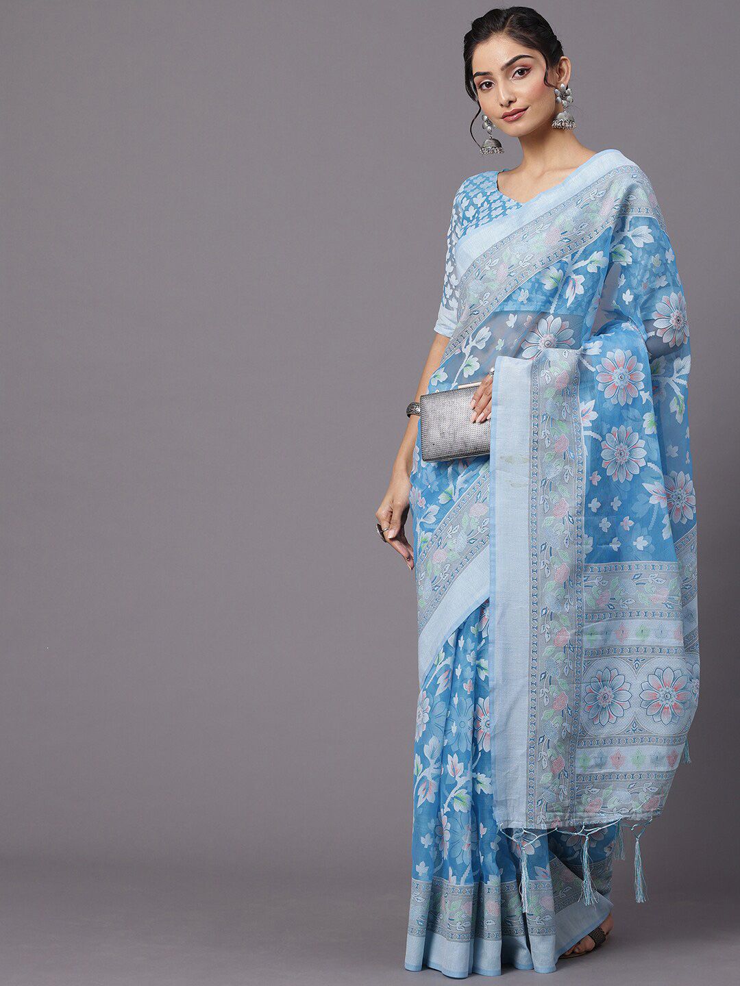 Mitera Blue & White Floral Brasso Chanderi Saree Price in India