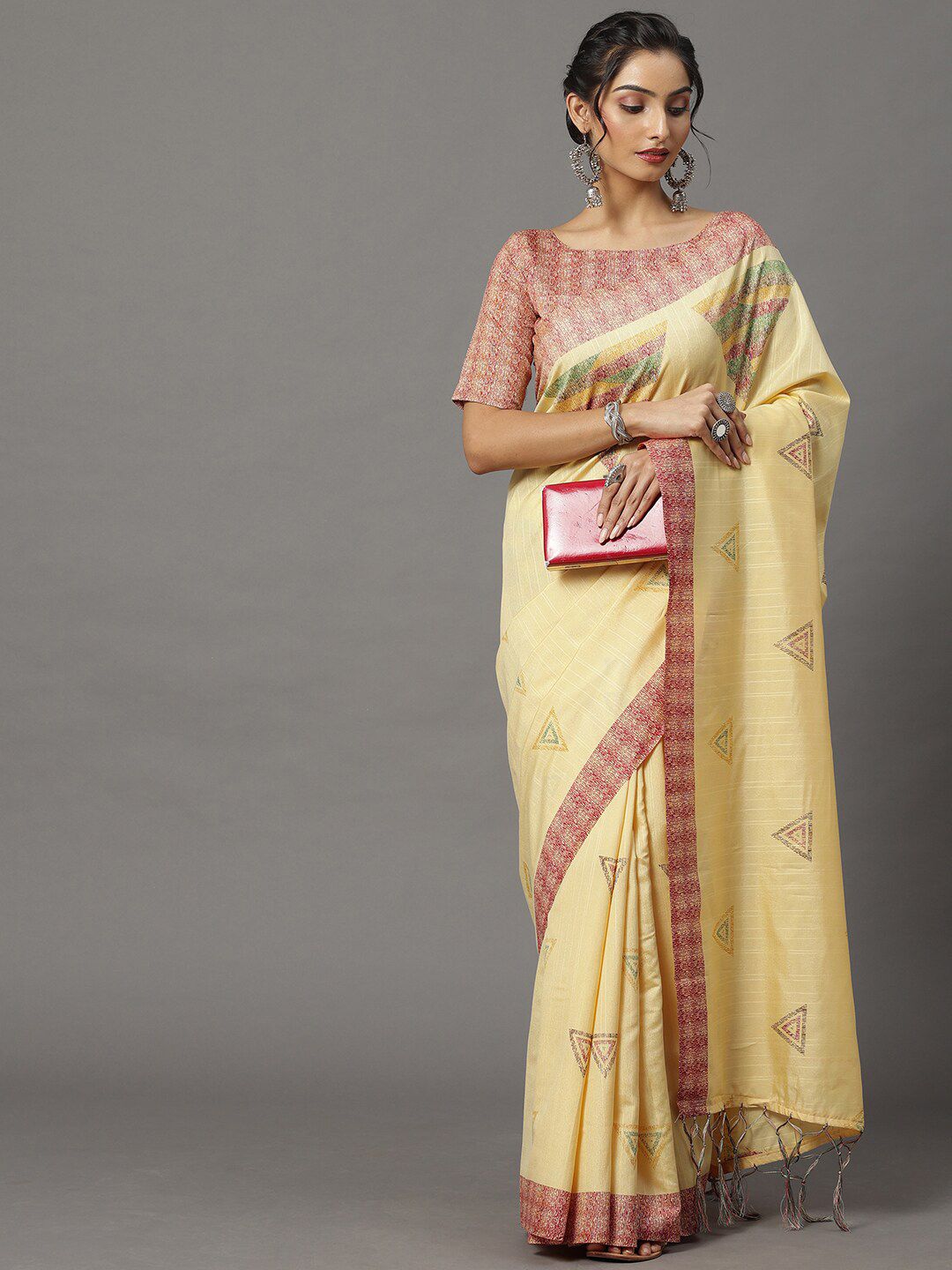 Mitera Yellow & Red Printed Bhagalpuri Art Silk Saree Price in India