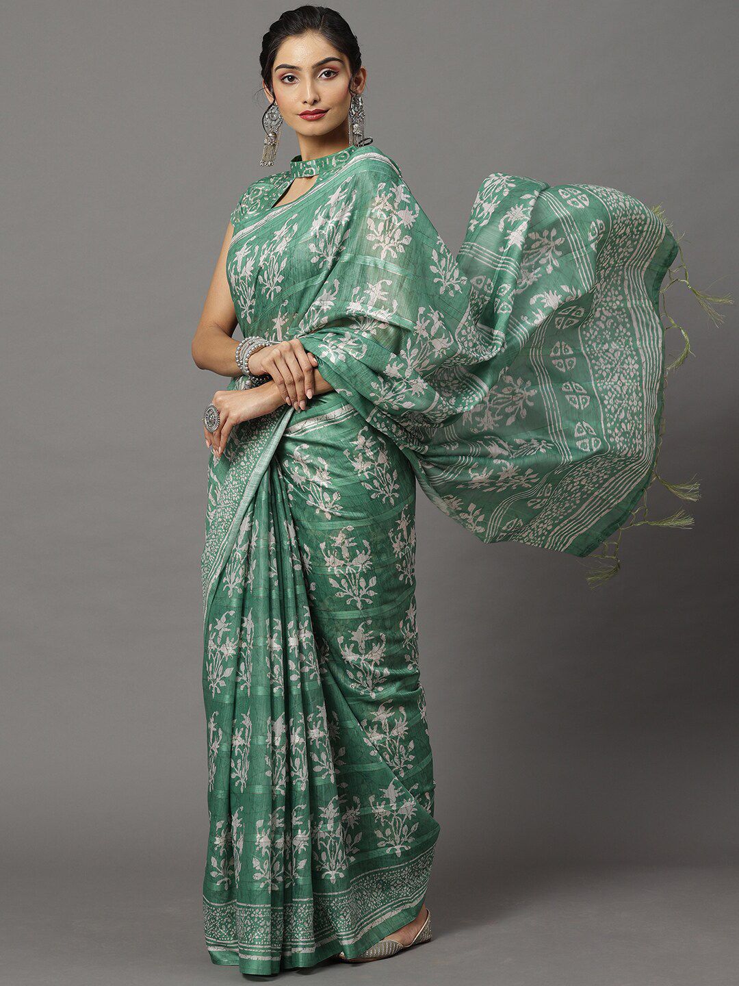 Mitera Sea Green & White Floral Silk Blend Ikat Saree Price in India