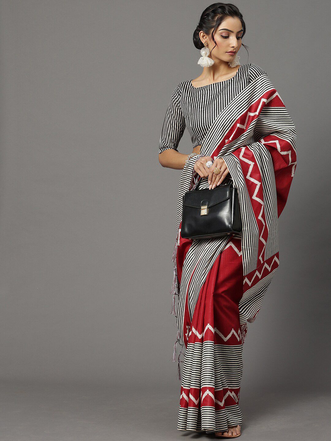 Mitera Red & Black Art Silk Bhagalpuri Saree Price in India