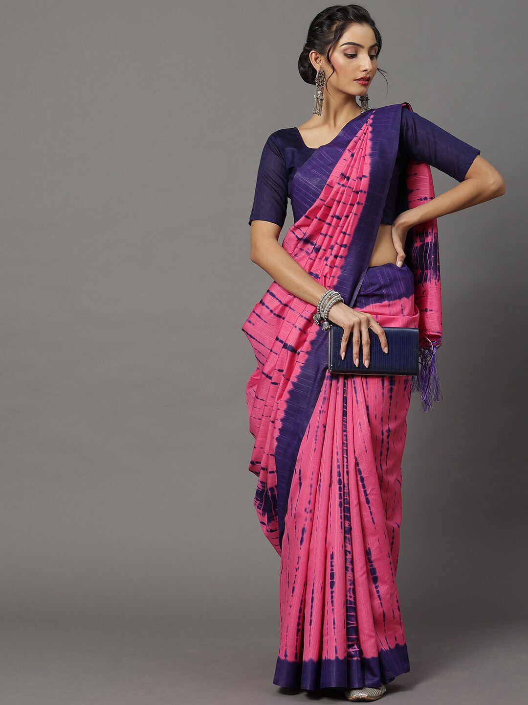 Mitera Pink & Blue Art Silk Bhagalpuri Saree Price in India