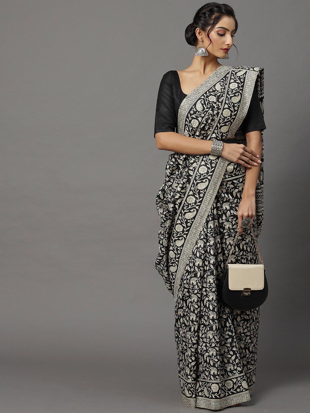 Mitera Black & Beige Ethnic Motifs Art Silk Bhagalpuri Saree Price in India