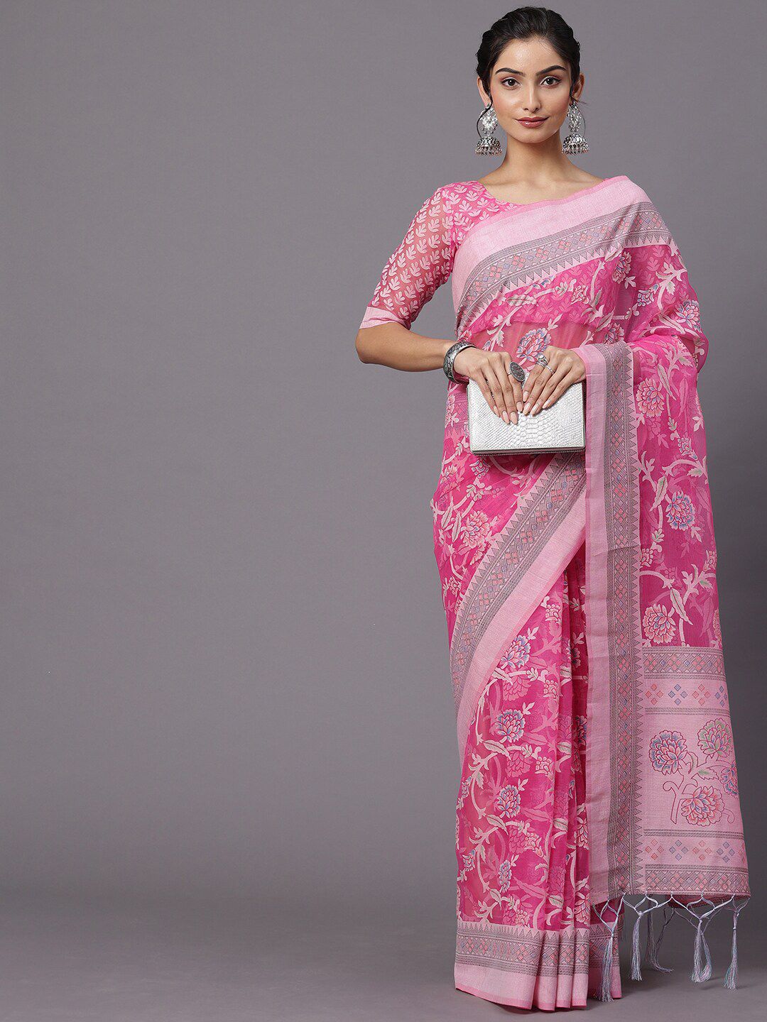 Mitera Pink & White Floral Brasso Chanderi Saree Price in India