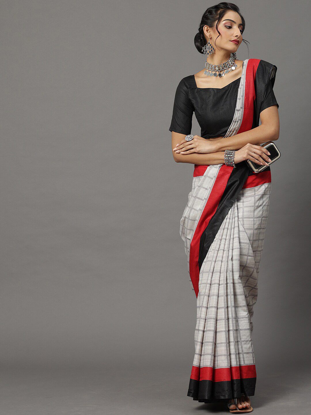 Mitera Grey & Black Checked Bhagalpuri Art Silk Saree Price in India