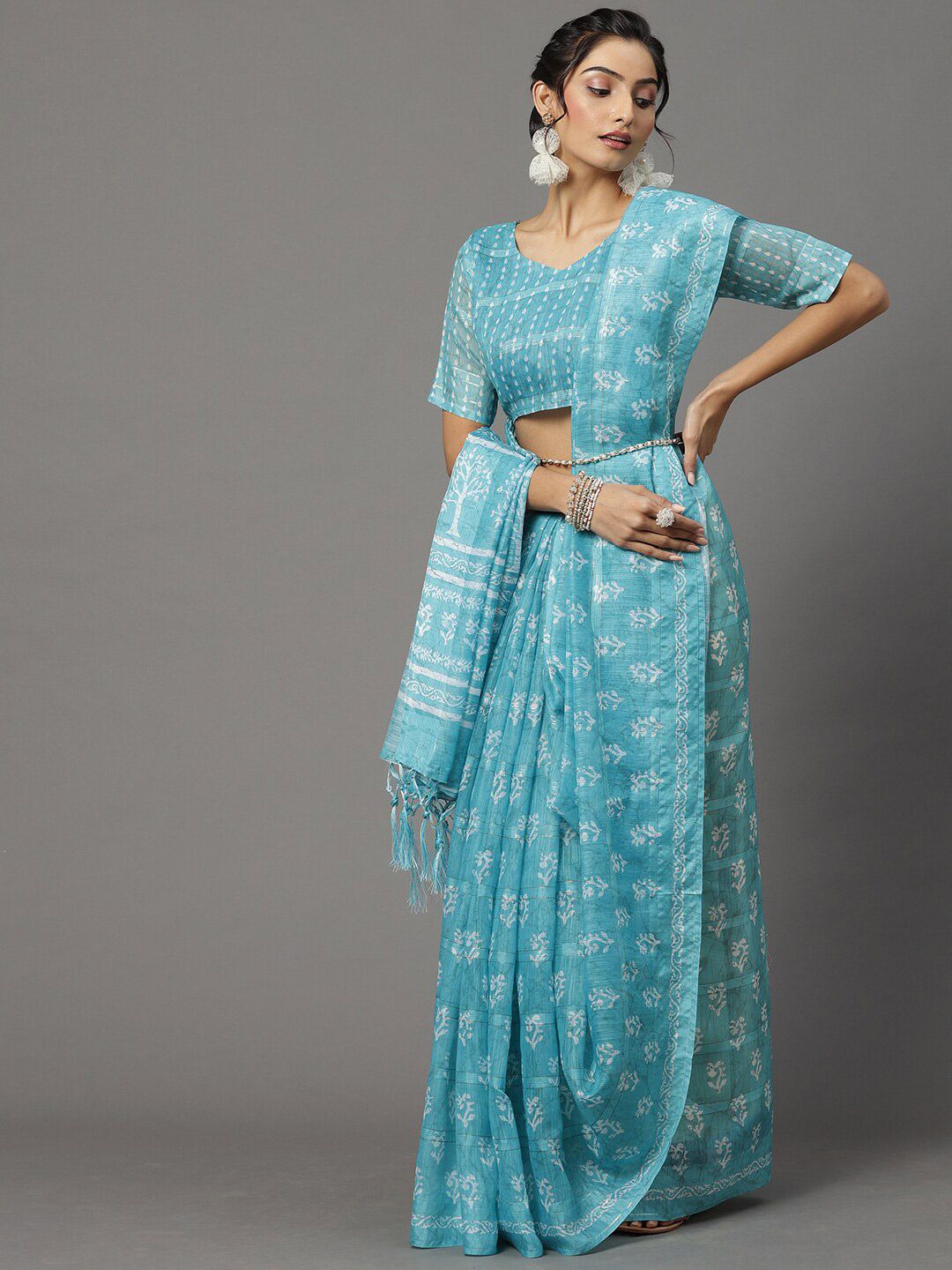 Mitera Turquoise Blue & White Bagh Silk Blend Block Print Saree Price in India