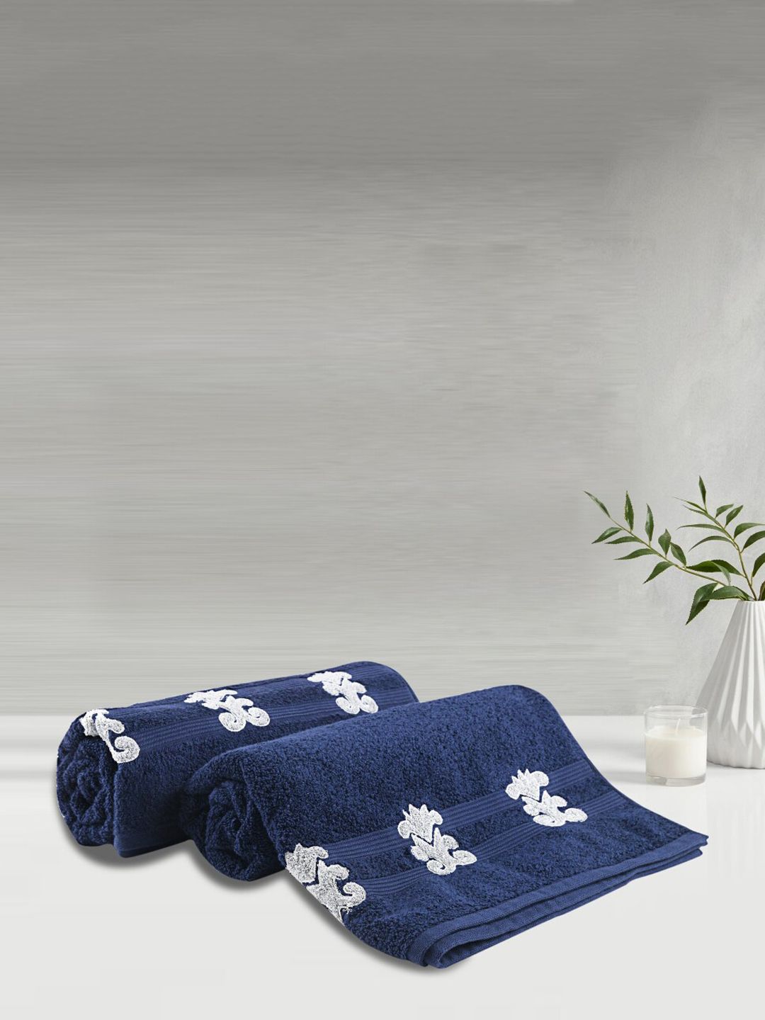LUSH & BEYOND Set Of 2 Navy Blue Printed Pure Cotton 500 GSM Bath Towels Price in India