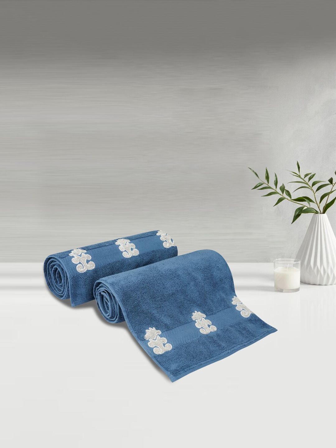 LUSH & BEYOND Set Of 2 Blue & White Embroidered Pure Cotton 500 GSM Bath Towels Price in India