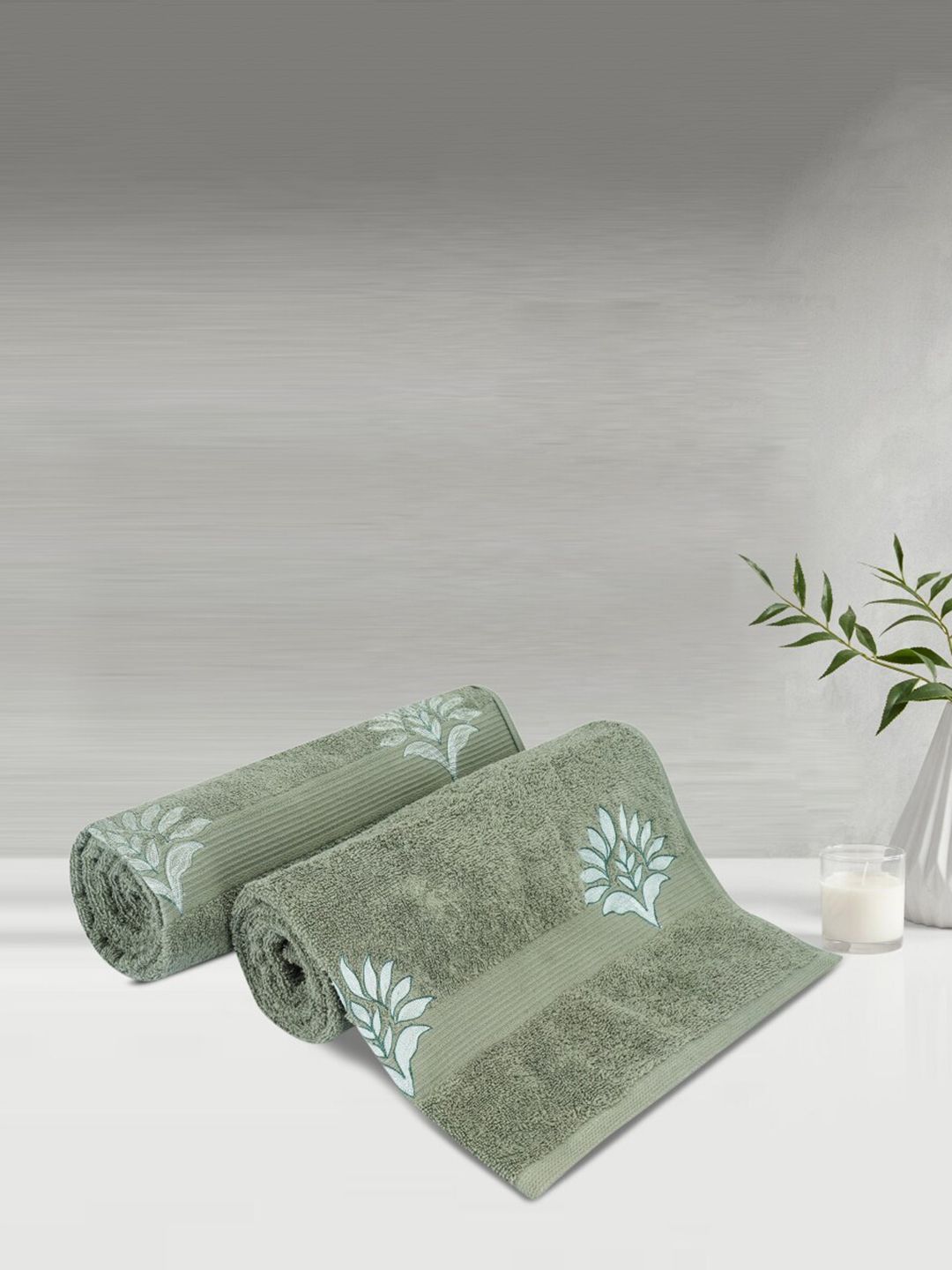 LUSH & BEYOND Set Of 2 Olive Printed Pure Cotton 500 GSM Bath Towels Price in India