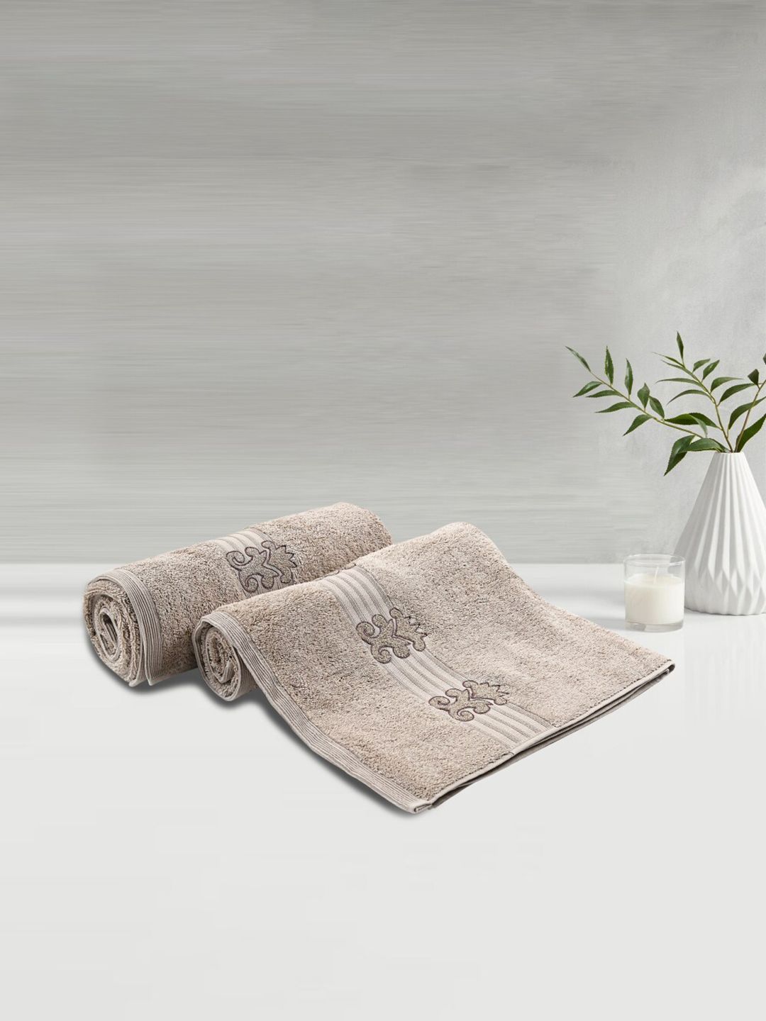 LUSH & BEYOND Set Of 2 Beige Printed Pure Cotton 500 GSM Bath Towels Price in India