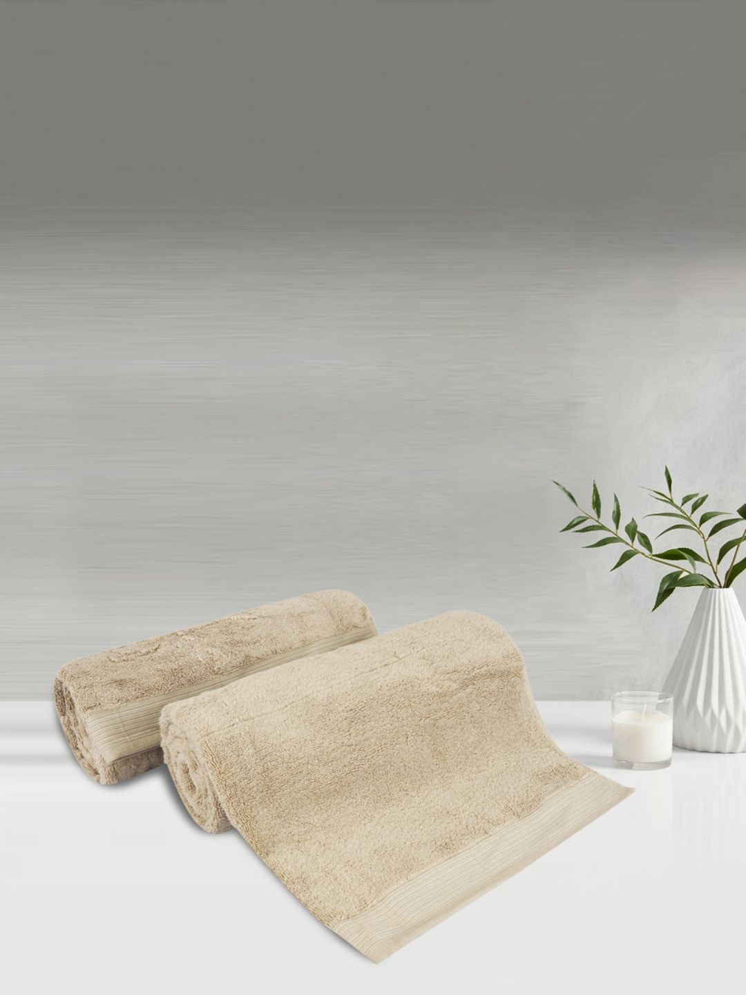 LUSH & BEYOND Set of 2 Beige Solid 500 GSM Pure Cotton Bath Towels Price in India