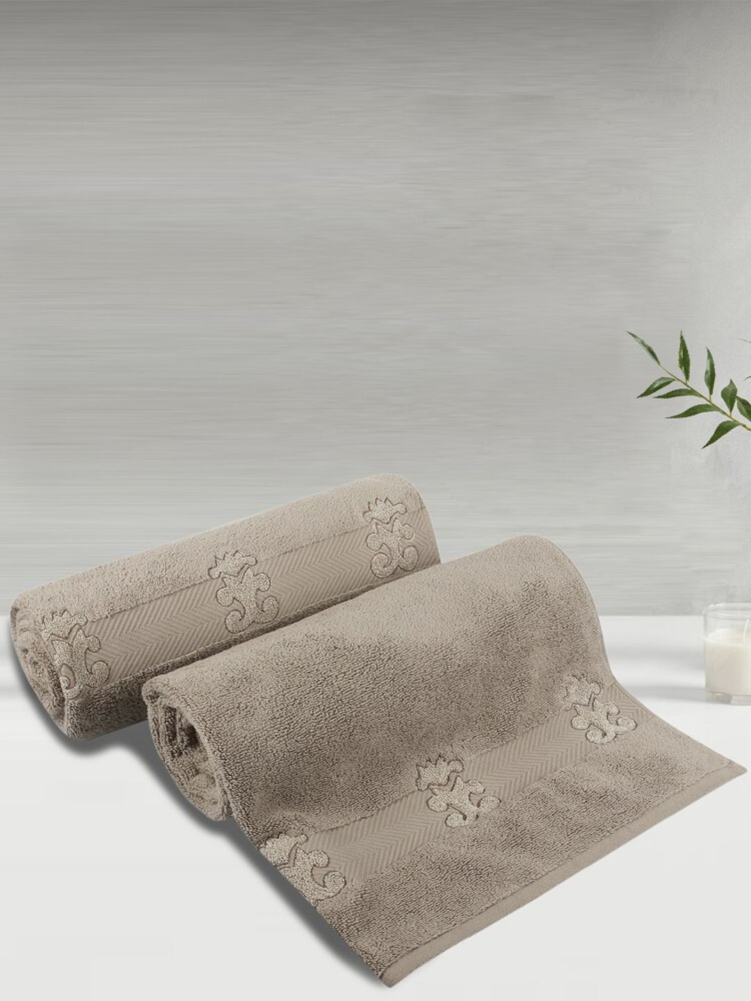 LUSH & BEYOND Set of 2 Beige Printed 500 GSM Pure Cotton Bath Towels Price in India