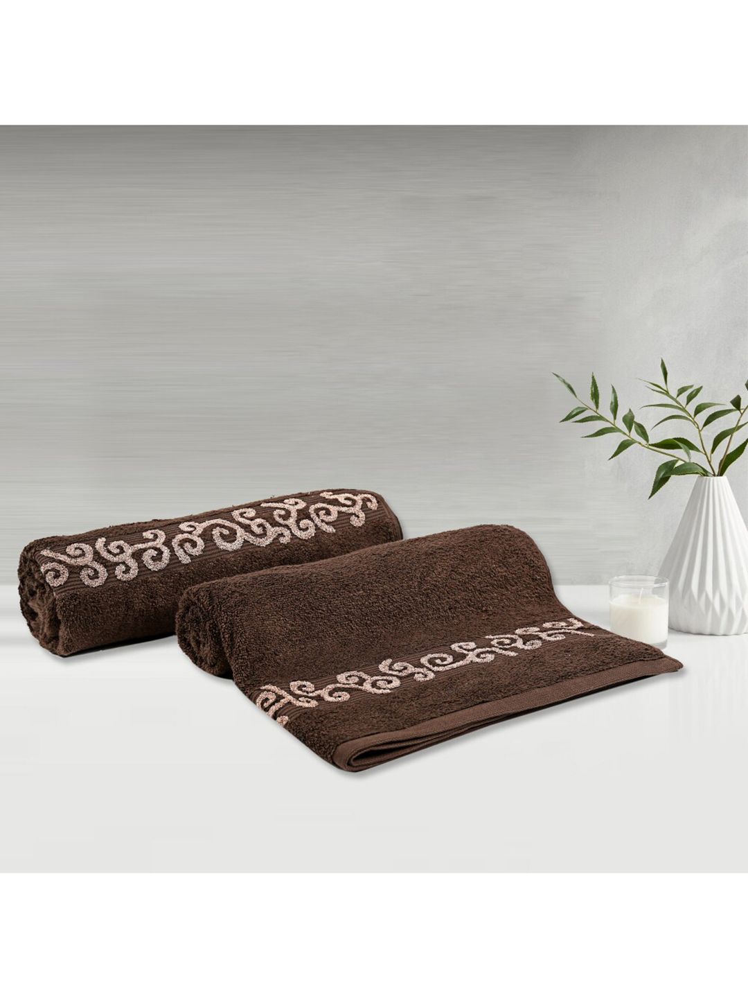 LUSH & BEYOND Set of 2 Brown & White Printed 500 GSM Pure Cotton Bath Towels Price in India