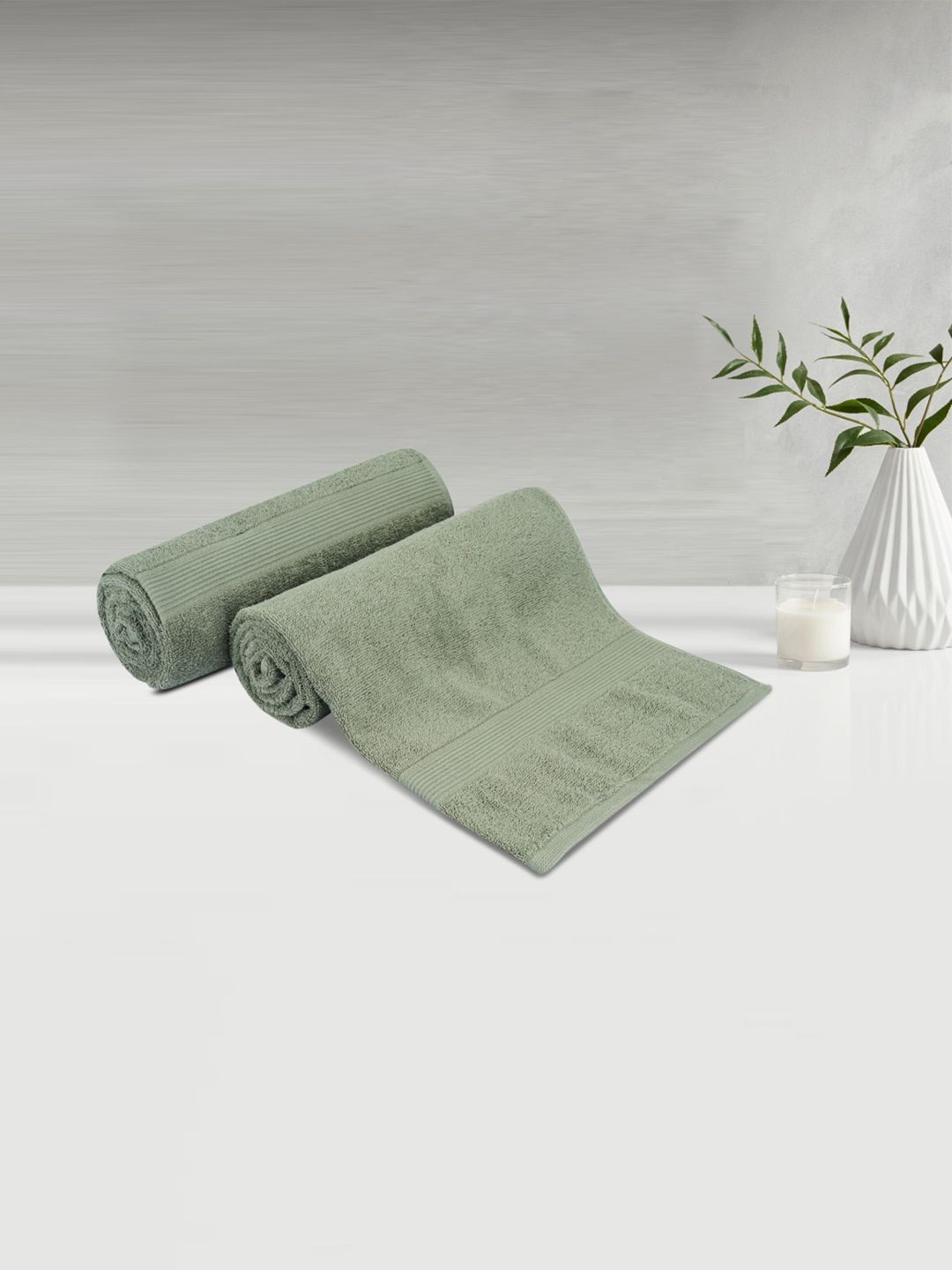 LUSH & BEYOND Set of 2 Olive Green Solid 500 GSM Pure Cotton Bath Towels Price in India