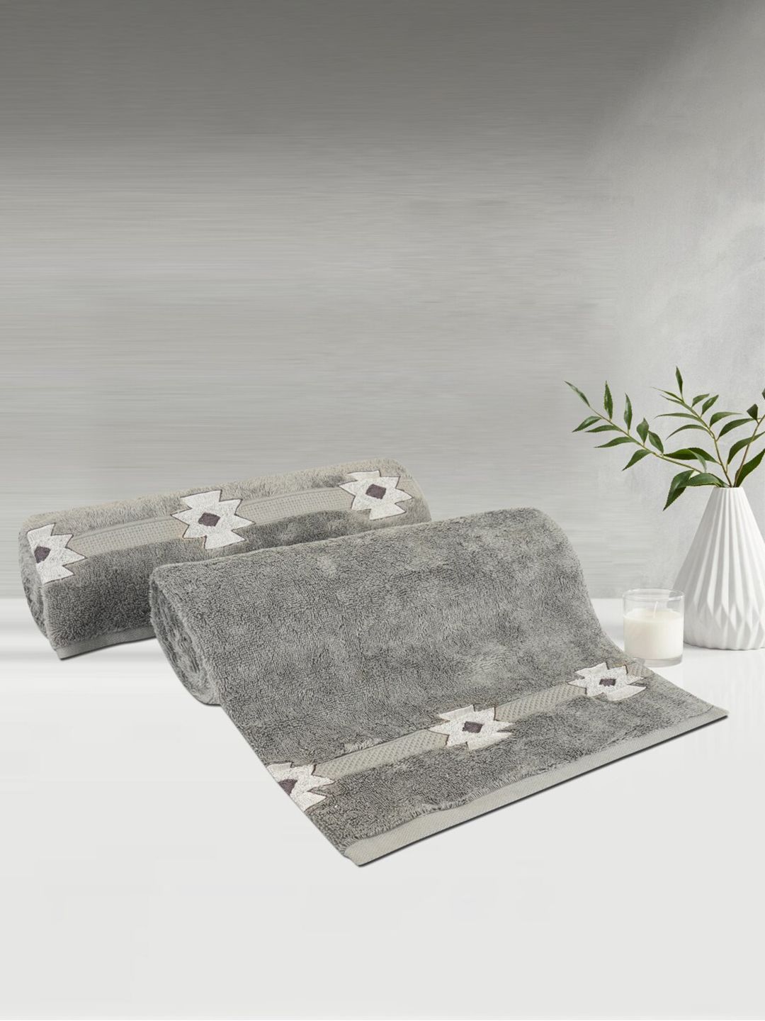 LUSH & BEYOND Set Of 2 Grey Printed Pure Cotton 500GSM Bath Towels Price in India