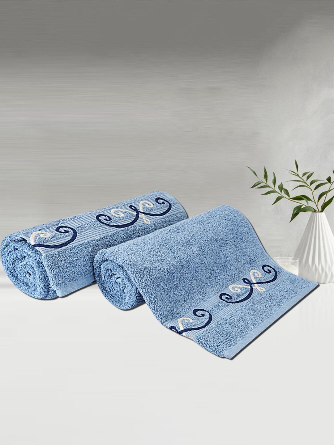 LUSH & BEYOND Blue Set of 2 Patterned Pure Cotton 500GSM Bath Towels Price in India