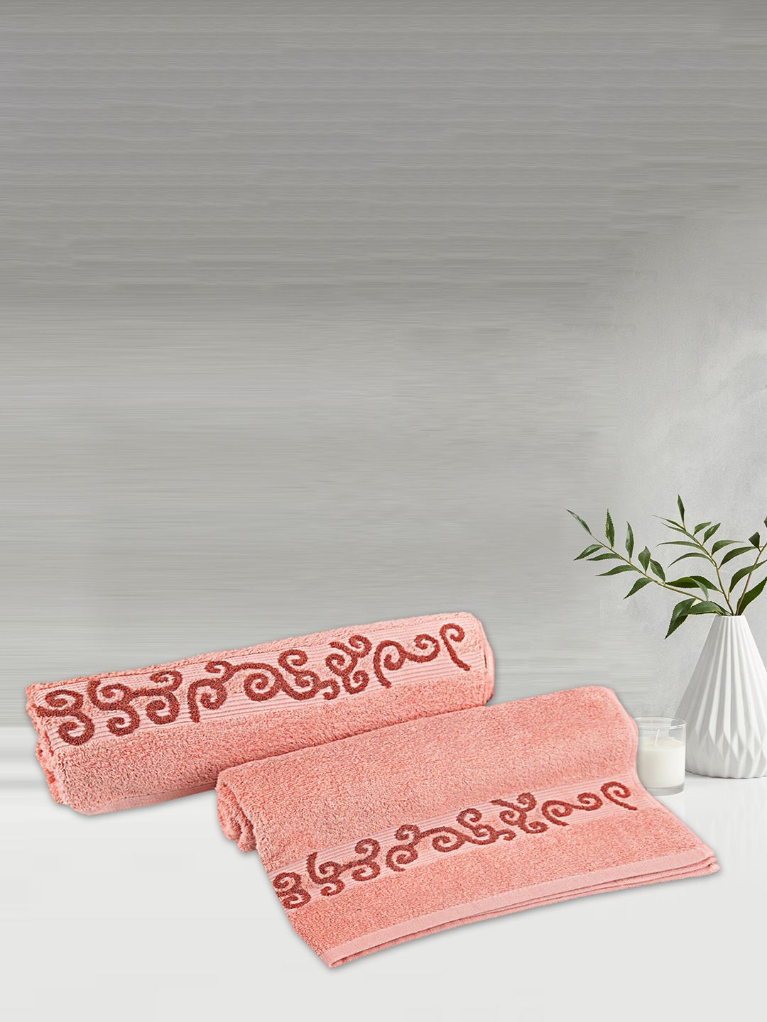 LUSH & BEYOND Set Of 2 Peach-Coloured Solid 500 GSM Pure Cotton Bath Towels Price in India