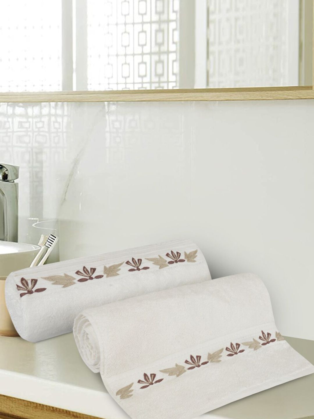 LUSH & BEYOND Set Of 2 White & Beige Printed 500 GSM Pure Cotton Bath Towels Price in India