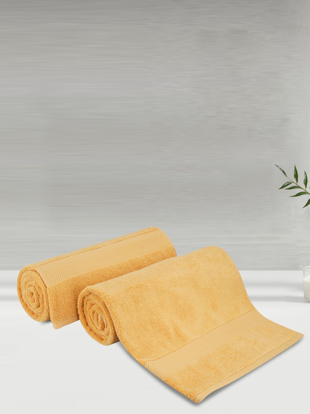 LUSH & BEYOND Set Of 2 Yellow Solid 500 GSM Pure Cotton Bath Towels Price in India
