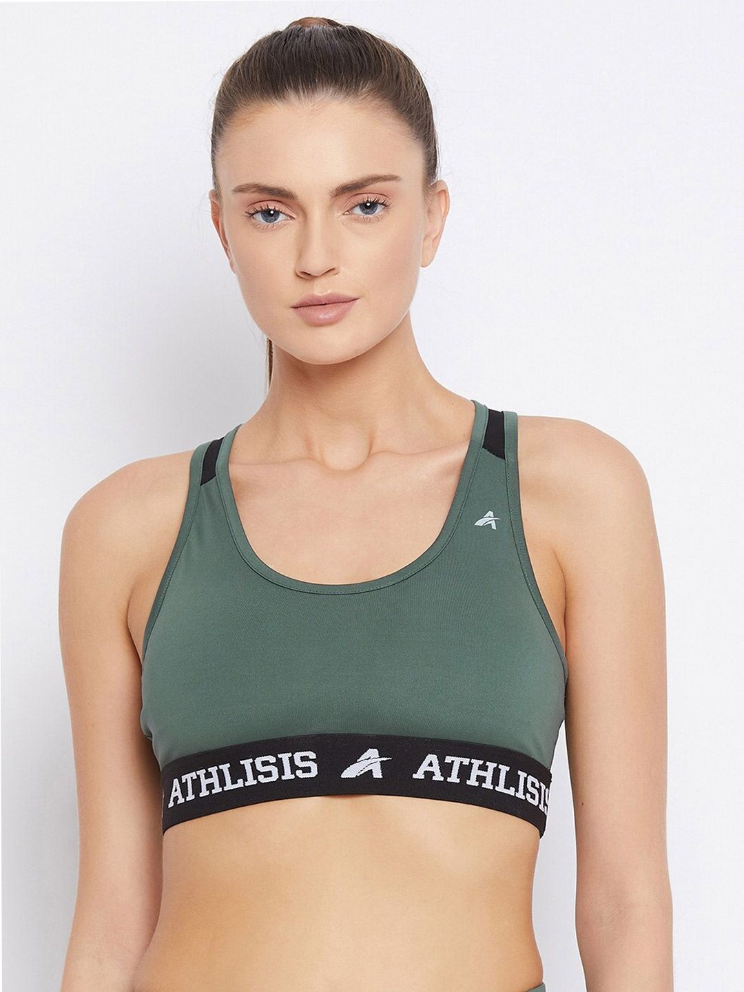 ATHLISIS Olive Green & White Non-Wired Lightly Padded Gym Or Training Workout Bra Price in India