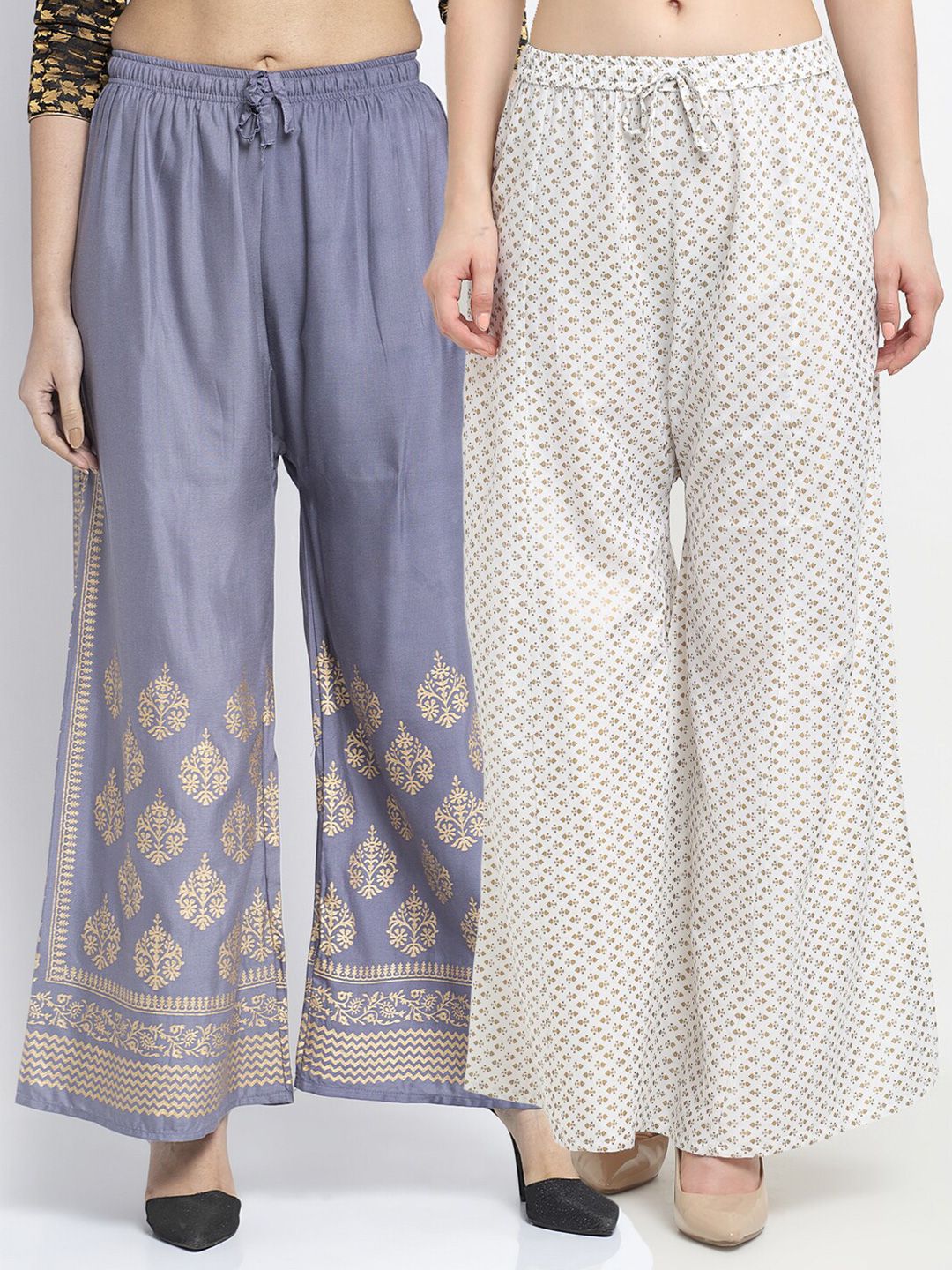 Jinfo Women Blue & Off White Set Of 2 Ethnic Motifs Printed Flared Ethnic Palazzos Price in India