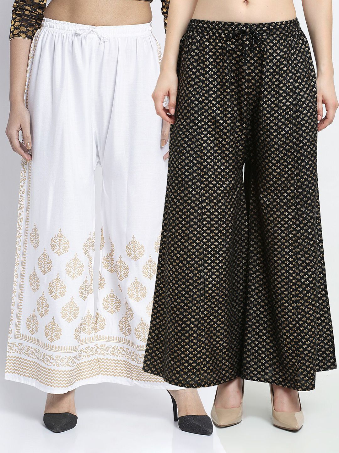 Jinfo Women White & Black Pack of 2 Ethnic Motifs Printed Flared Palazzos Price in India