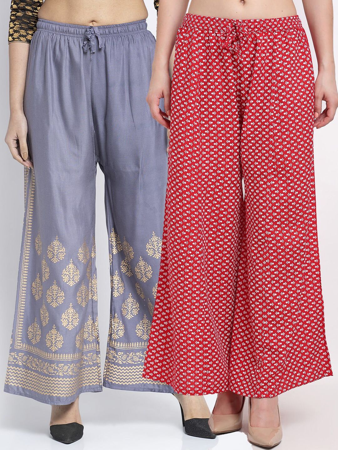 Jinfo Women Grey & Red Pack of 2 Ethnic Motifs Printed Flared Palazzos Price in India