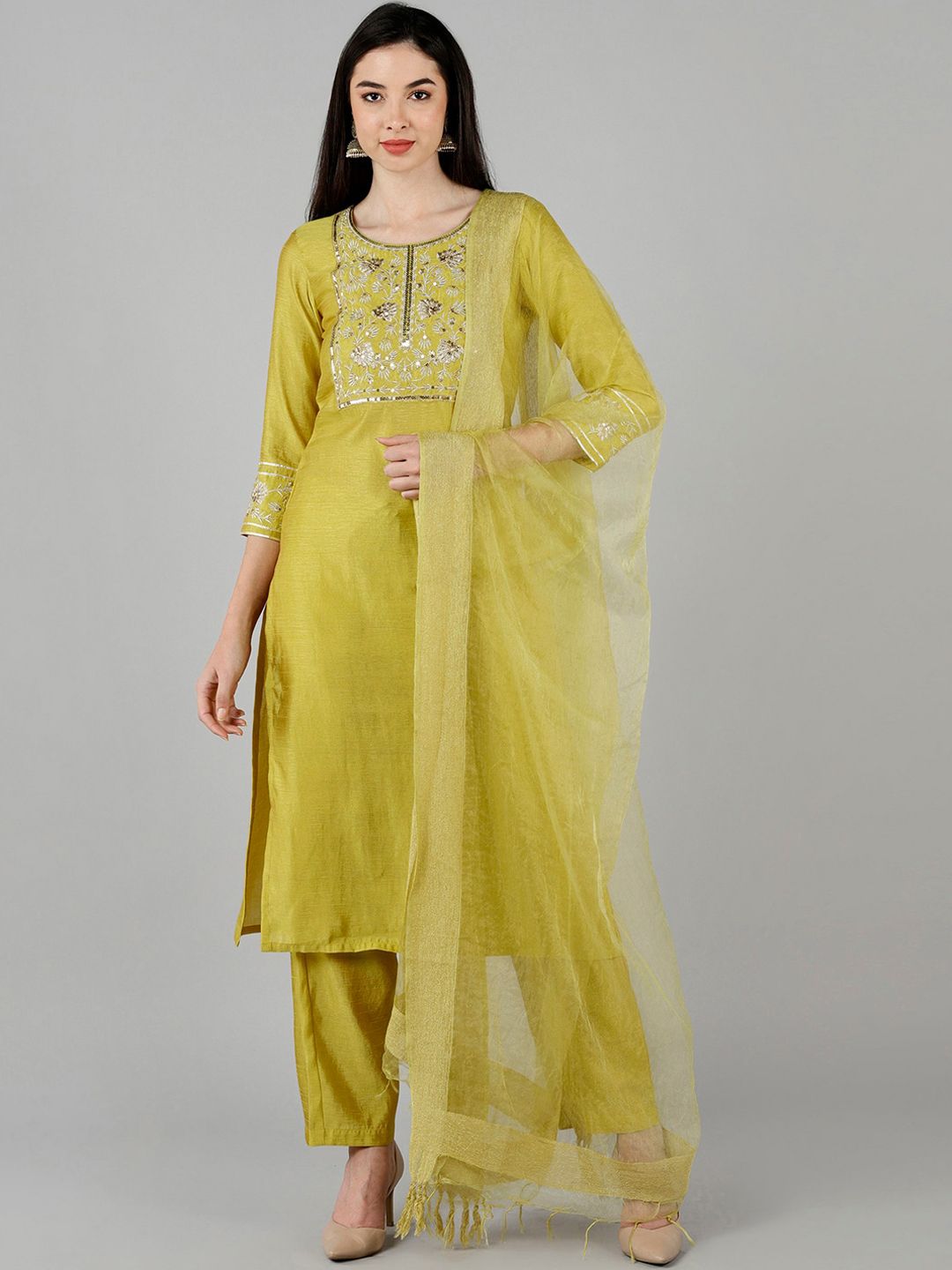 AHIKA Women Mustard Floral Yoke Design Embellished Kurta Trousers With Dupatta Price in India