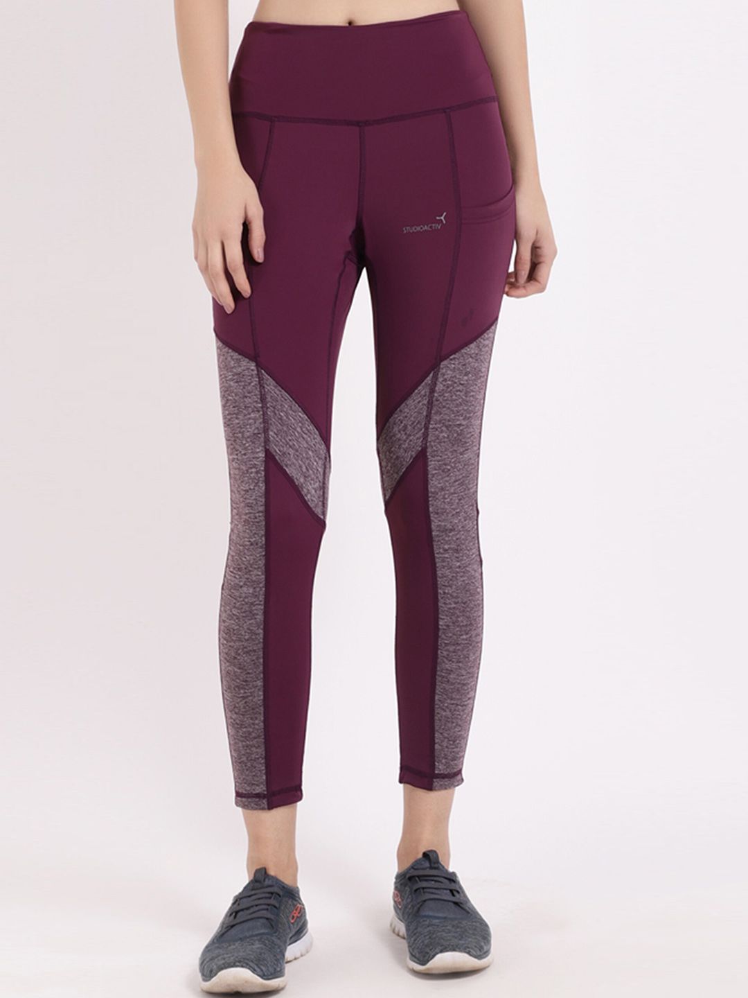 BlissClub Women Burgundy & Grey Colorblocked Sports Tights Price in India