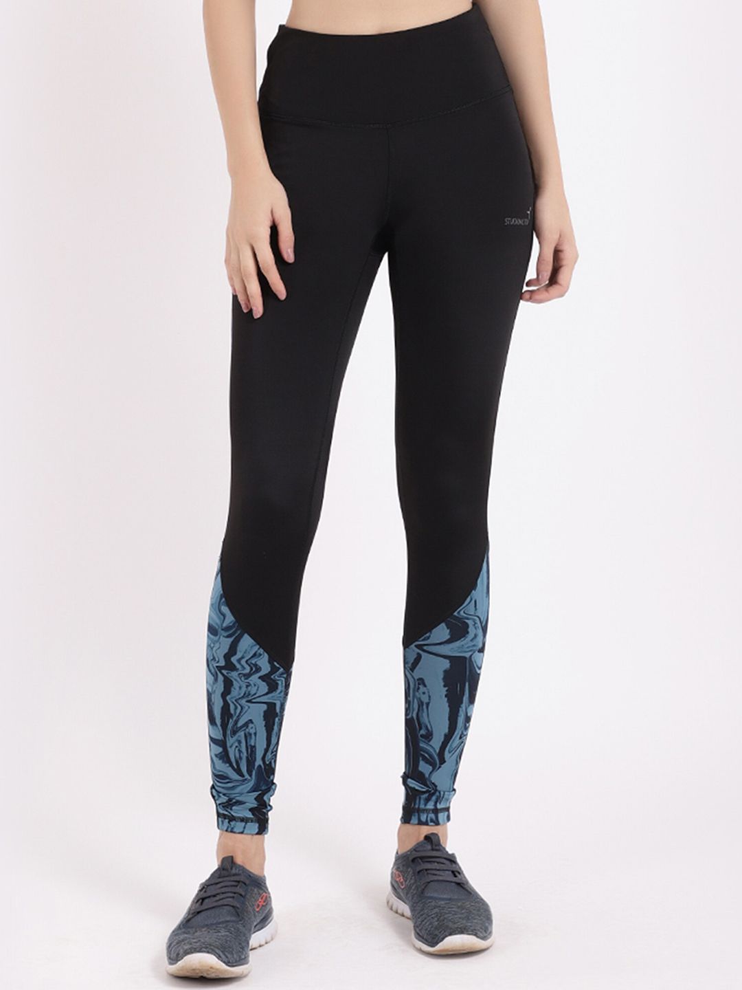 STUDIOACTIV Women Black & Blue Printed Snug Fit Training Tights Price in India